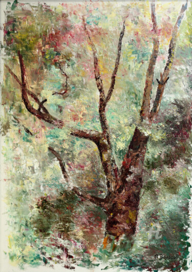 Painting titled "Old Tree" by Vladimir Volosov, Original Artwork, Oil Mounted on Wood Stretcher frame