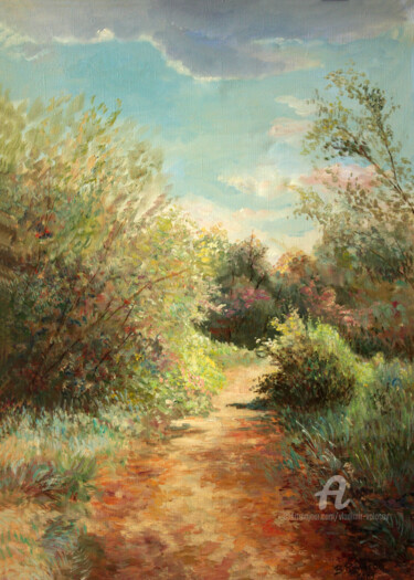 Painting titled "Sunny road to the s…" by Vladimir Volosov, Original Artwork, Oil Mounted on Wood Stretcher frame
