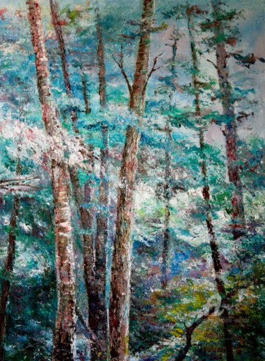 Painting titled "Landscape in blue c…" by Vladimir Volosov, Original Artwork, Oil Mounted on Wood Stretcher frame