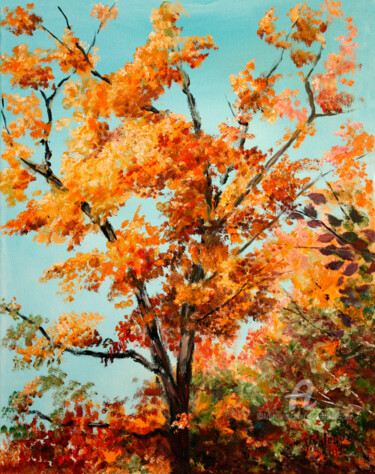 Painting titled "Bright autumn" by Vladimir Volosov, Original Artwork, Oil Mounted on Wood Stretcher frame