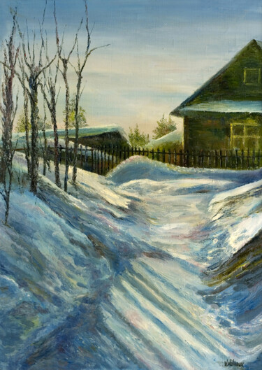 Painting titled "January" by Vladimir Volosov, Original Artwork, Oil Mounted on Wood Stretcher frame