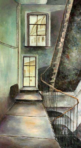 Painting titled "Old Entrance" by Vladimir Volosov, Original Artwork, Oil Mounted on Wood Stretcher frame
