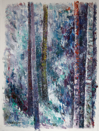 Painting titled "Blue Forest" by Vladimir Volosov, Original Artwork, Oil Mounted on Wood Stretcher frame