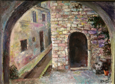 Schilderij getiteld "Old City" door Vladimir Volosov, Origineel Kunstwerk, Olie Gemonteerd op Frame voor houten brancard