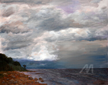 Painting titled "Somber Sky" by Vladimir Volosov, Original Artwork, Oil Mounted on Wood Stretcher frame