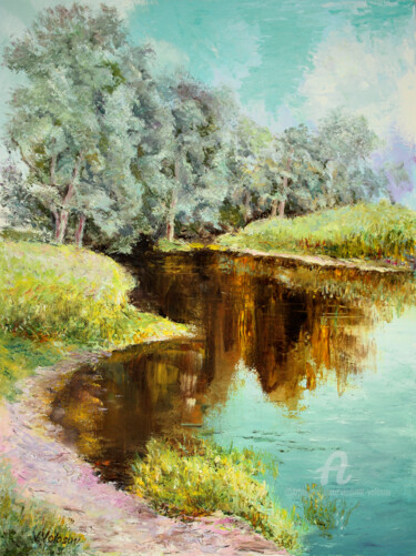 Painting titled "Backwater" by Vladimir Volosov, Original Artwork, Oil Mounted on Wood Stretcher frame