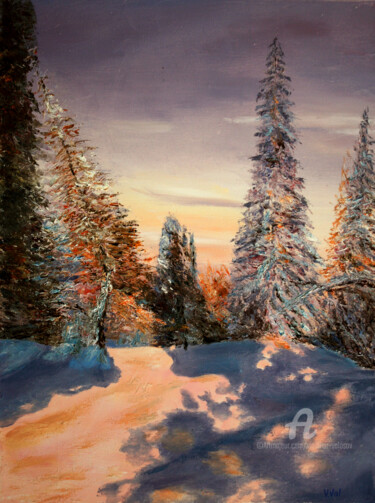 Painting titled "Frozen Day.." by Vladimir Volosov, Original Artwork, Oil Mounted on Wood Stretcher frame