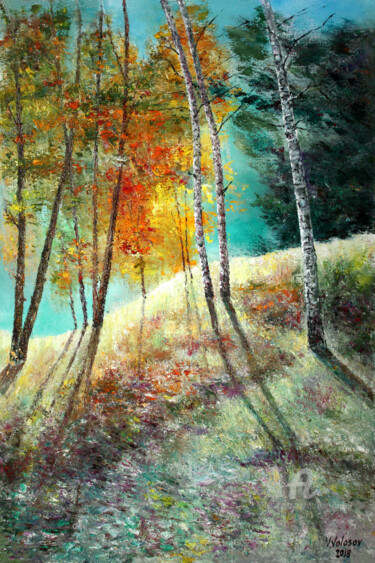 Painting titled "Sunny Forest..." by Vladimir Volosov, Original Artwork, Oil Mounted on Wood Stretcher frame