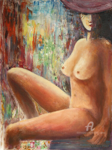 Schilderij getiteld "Nudes in a Hat" door Vladimir Volosov, Origineel Kunstwerk, Olie Gemonteerd op Frame voor houten branca…
