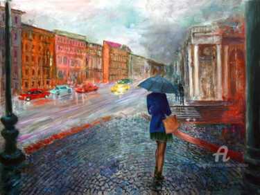 Painting titled "Alone in a Big City" by Vladimir Volosov, Original Artwork, Oil Mounted on Wood Stretcher frame
