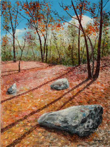 Painting titled "Sunny Autumn" by Vladimir Volosov, Original Artwork, Oil Mounted on Wood Stretcher frame