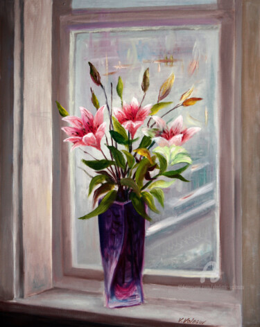 Painting titled "Lilies on the window" by Vladimir Volosov, Original Artwork, Oil Mounted on Wood Stretcher frame