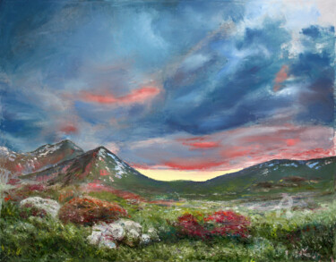 Painting titled "Sunset in the Mount…" by Vladimir Volosov, Original Artwork, Oil Mounted on Wood Stretcher frame