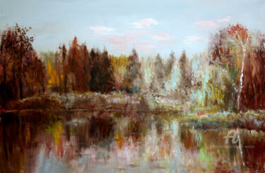 Painting titled "Forest Lake...Лесно…" by Vladimir Volosov, Original Artwork, Oil Mounted on Wood Stretcher frame