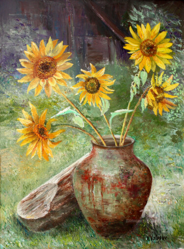 Painting titled "Sunflowers" by Vladimir Volosov, Original Artwork, Oil Mounted on Wood Stretcher frame