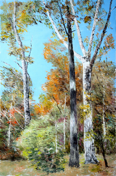 Painting titled "Autumn Approach.." by Vladimir Volosov, Original Artwork, Oil Mounted on Wood Stretcher frame