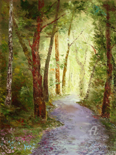 Painting titled "Road in the Forest" by Vladimir Volosov, Original Artwork, Oil Mounted on Wood Stretcher frame