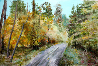Painting titled "In an Autumn Forest" by Vladimir Volosov, Original Artwork, Oil Mounted on Wood Stretcher frame