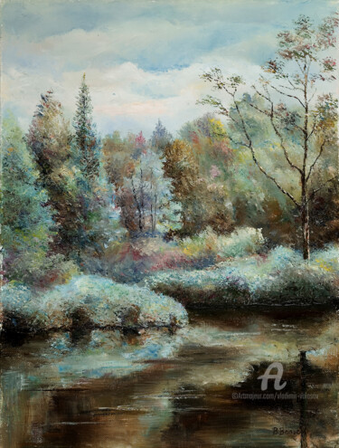 Painting titled "Forest Landscape" by Vladimir Volosov, Original Artwork, Oil Mounted on Wood Stretcher frame