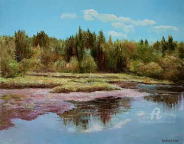 Painting titled "The Forest Lake" by Vladimir Volosov, Original Artwork, Oil Mounted on Wood Stretcher frame