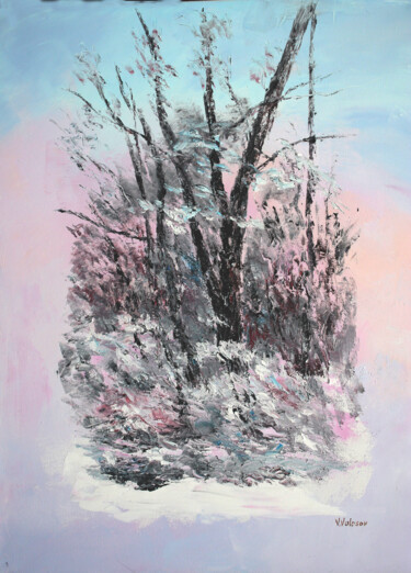 Painting titled "Frosted Forest" by Vladimir Volosov, Original Artwork, Oil Mounted on Wood Stretcher frame