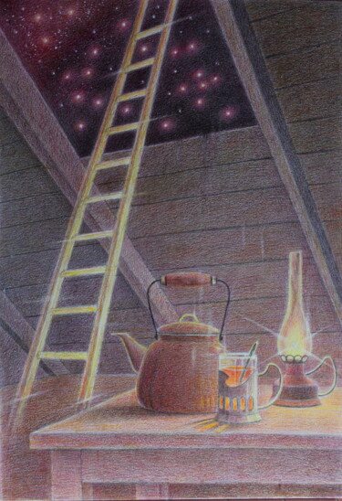 Zeichnungen mit dem Titel "Лестница к звездам" von Vladimir Vp, Original-Kunstwerk, Conté-Buntstifte