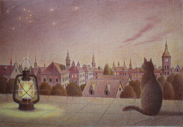 Drawing titled "Вечер в старом горо…" by Vladimir Vp, Original Artwork, Conté