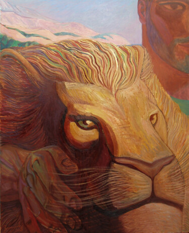 Pittura intitolato "Man and Lion" da Vladimir Zagitov, Opera d'arte originale, Olio