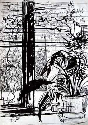 Disegno intitolato "Plants on window" da Vladimir Zagitov, Opera d'arte originale