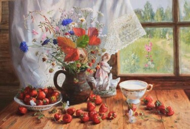 Картина под названием "лето на столе" - Владимир Жданов, Подлинное произведение искусства, Масло