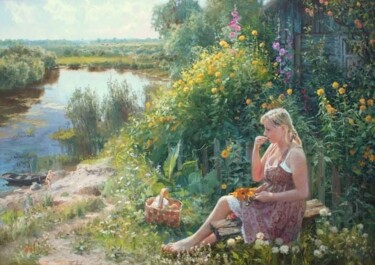 Картина под названием "у реки" - Владимир Жданов, Подлинное произведение искусства, Масло