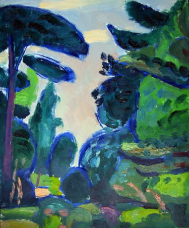 Painting titled "The trees.August." by Vladimirs Ilibajevs, Original Artwork, Oil