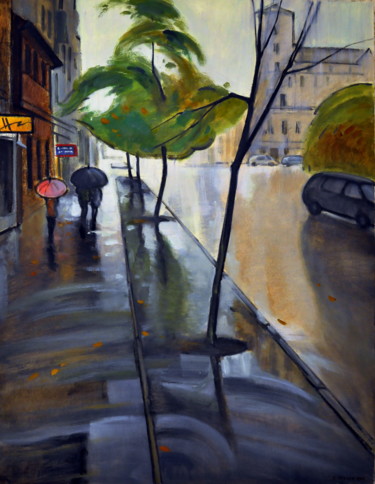 Painting titled "Дождь в Риге. Улица…" by Vladimirs Ilibajevs, Original Artwork, Oil