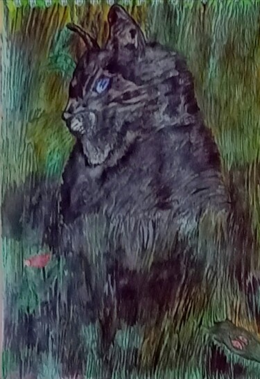 Painting titled "Кошка" by Vladimir Vladimirovich, Original Artwork, Ink