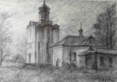 Painting titled ""Пейзаж с храмом"" by Vladimir Trutko, Original Artwork, Ballpoint pen