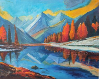 Painting titled "Mountain landscape" by Vladislav Guzeev, Original Artwork, Oil Mounted on Wood Stretcher frame