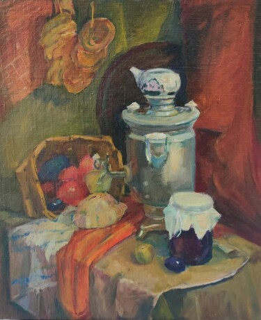 Painting titled "приятного чаепития…" by Vladislav Guzeev, Original Artwork, Oil Mounted on Wood Stretcher frame