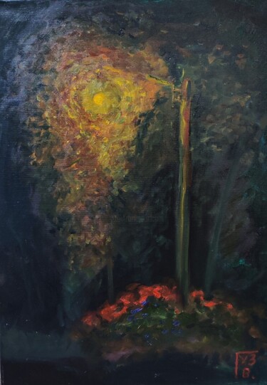 Painting titled "одинокий фонарь A l…" by Vladislav Guzeev, Original Artwork, Oil Mounted on Wood Stretcher frame