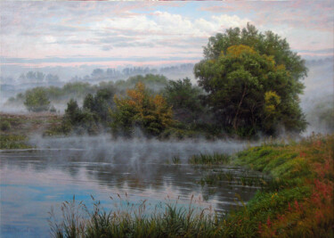 Painting titled "Туманное утро Misty…" by Vladislav Osipcov, Original Artwork, Oil Mounted on Wood Stretcher frame