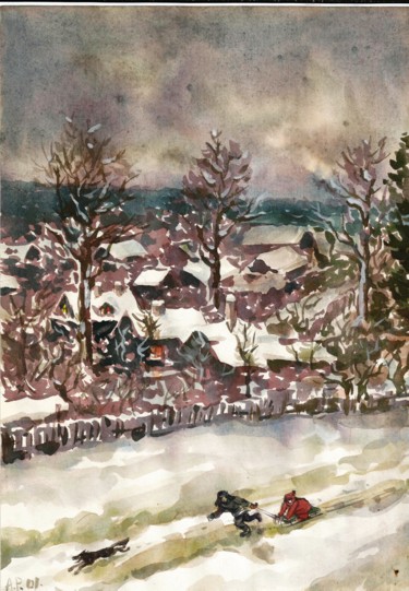 Картина под названием "Winter in village" - Vladislavs Vāgners, Подлинное произведение искусства, Акварель