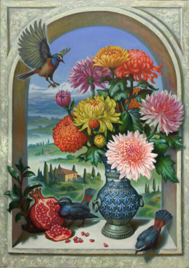 Painting titled "Bouquet of Chrysant…" by Vladlen Gilgur, Original Artwork, Oil