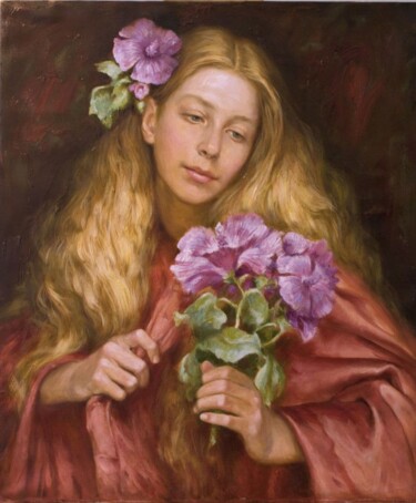Pintura intitulada "Girl with flowers" por Vladlen Gilgur, Obras de arte originais, Óleo