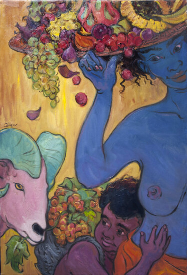 Картина под названием "Meeting with a pink…" - Владлен Гильгур, Подлинное произведение искусства, Масло