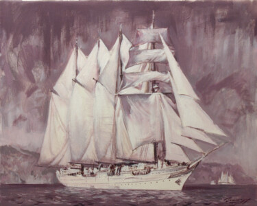 Картина под названием "Парусник у берегов…" - Владлен Гильгур, Подлинное произведение искусства, Масло