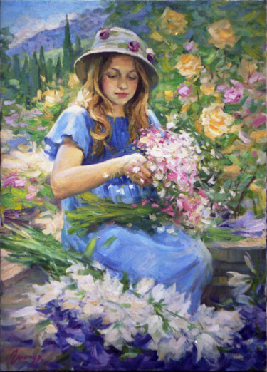 Картина под названием "Girl with a bouquet" - Владлен Гильгур, Подлинное произведение искусства, Масло