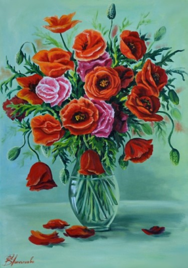Painting titled "red poppies" by Vladlena Chanysheva, Original Artwork, Oil