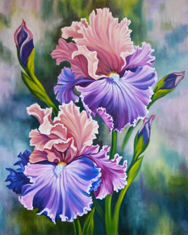 Painting titled "irises" by Vladlena Chanysheva, Original Artwork, Oil Mounted on Wood Stretcher frame