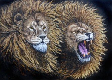 Painting titled "Lions" by Vladlena Chanysheva, Original Artwork, Oil Mounted on Wood Stretcher frame