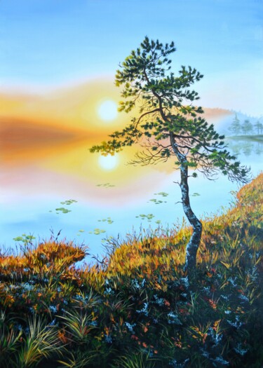 Painting titled "Pine tree by the la…" by Vladlena Chanysheva, Original Artwork, Oil