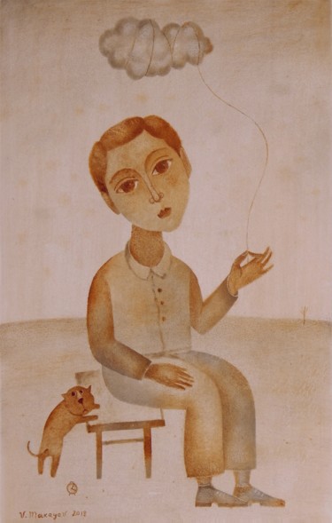 Картина под названием "Boy with a cloud. М…" - Vladimir Makeyev, Подлинное произведение искусства, Масло